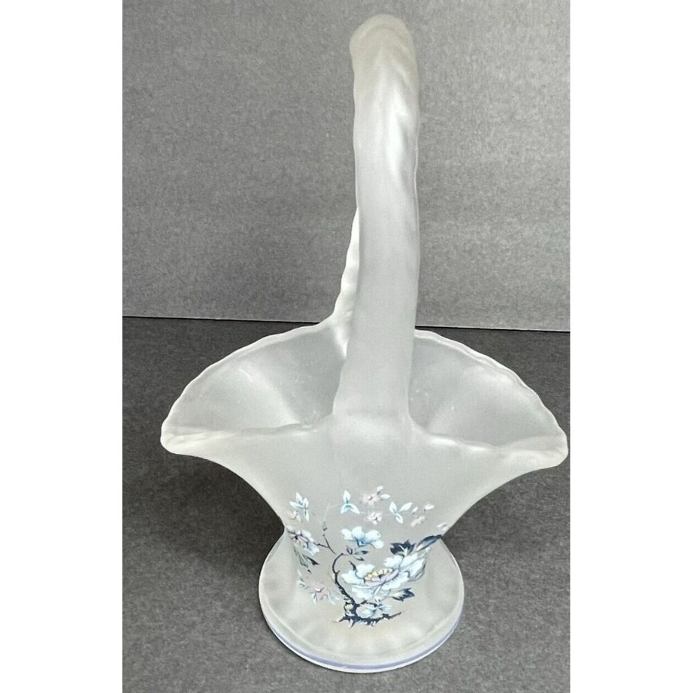 Viking Glass Basket Satin or Frosted Glass Blue Floral Decoration 6 3/4"
